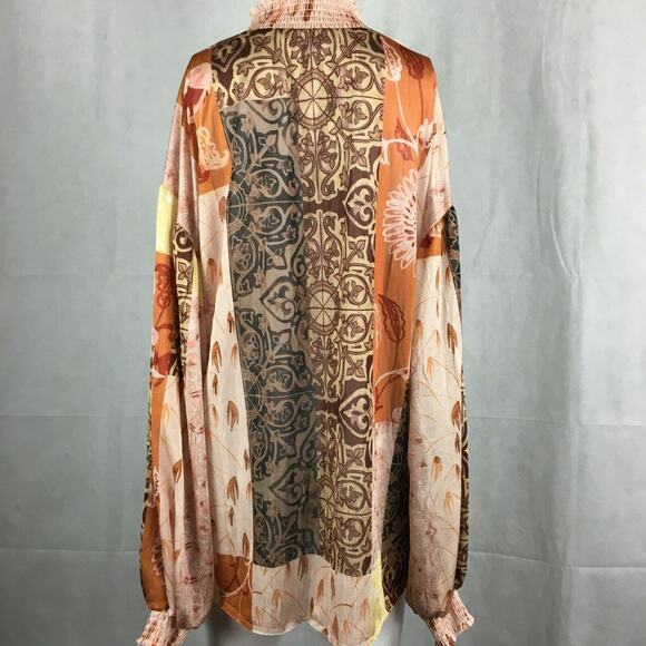 Zara Shirt Womens Sz L Pink Beige Floral Knit Turtleneck Blouson Tunic Top Boho - Picture 5 of 10